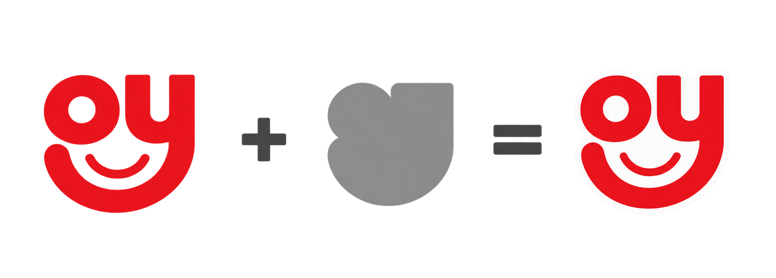 Logo construction: the oy letters plus a smile shape form the final mark